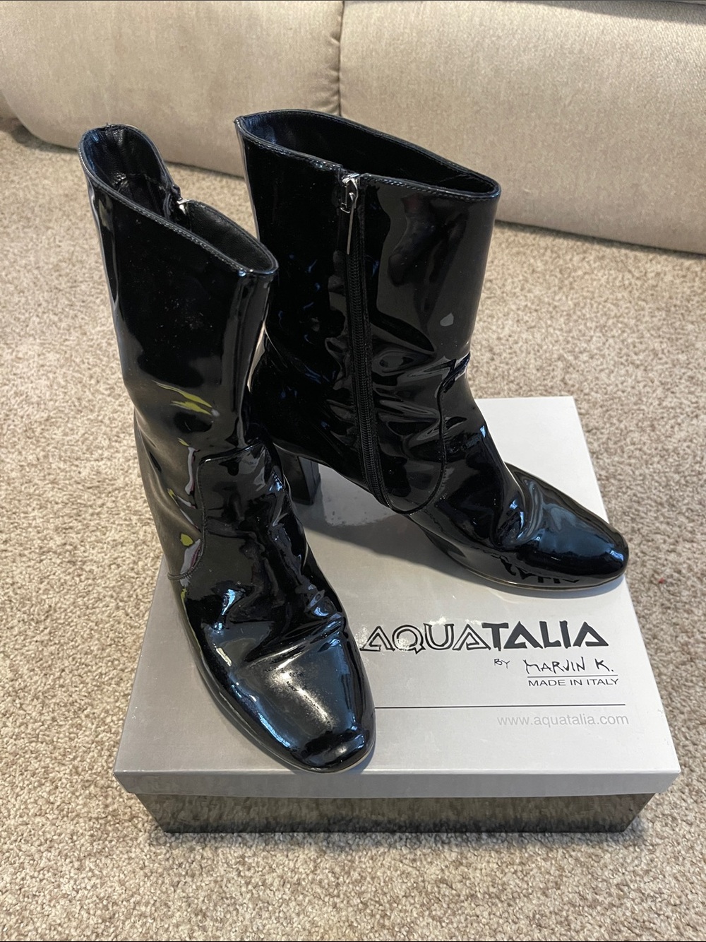 Aquatalia Black Patent Leather Ankle Boots with Side Zip